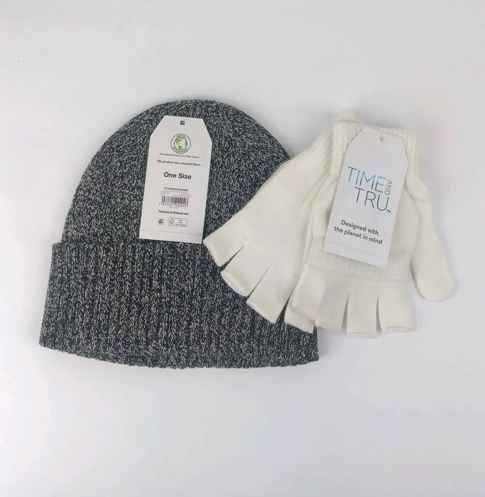 Time and Tru Women's Beanie, One Size Fits Most, Black With White Gloves